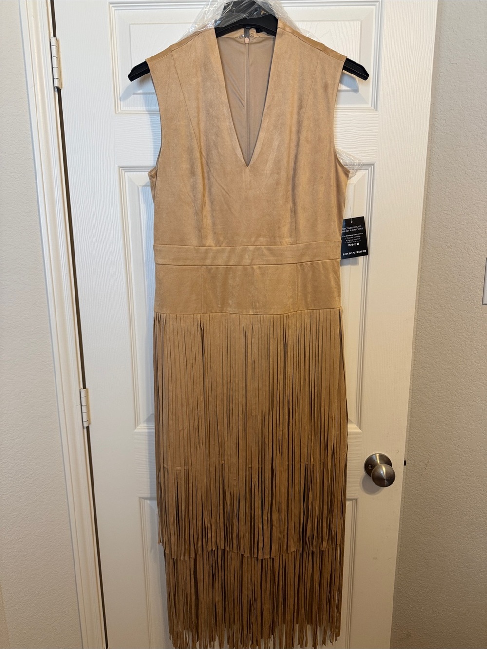 Boston Proper Tan Suede Fringe Midi Dress
